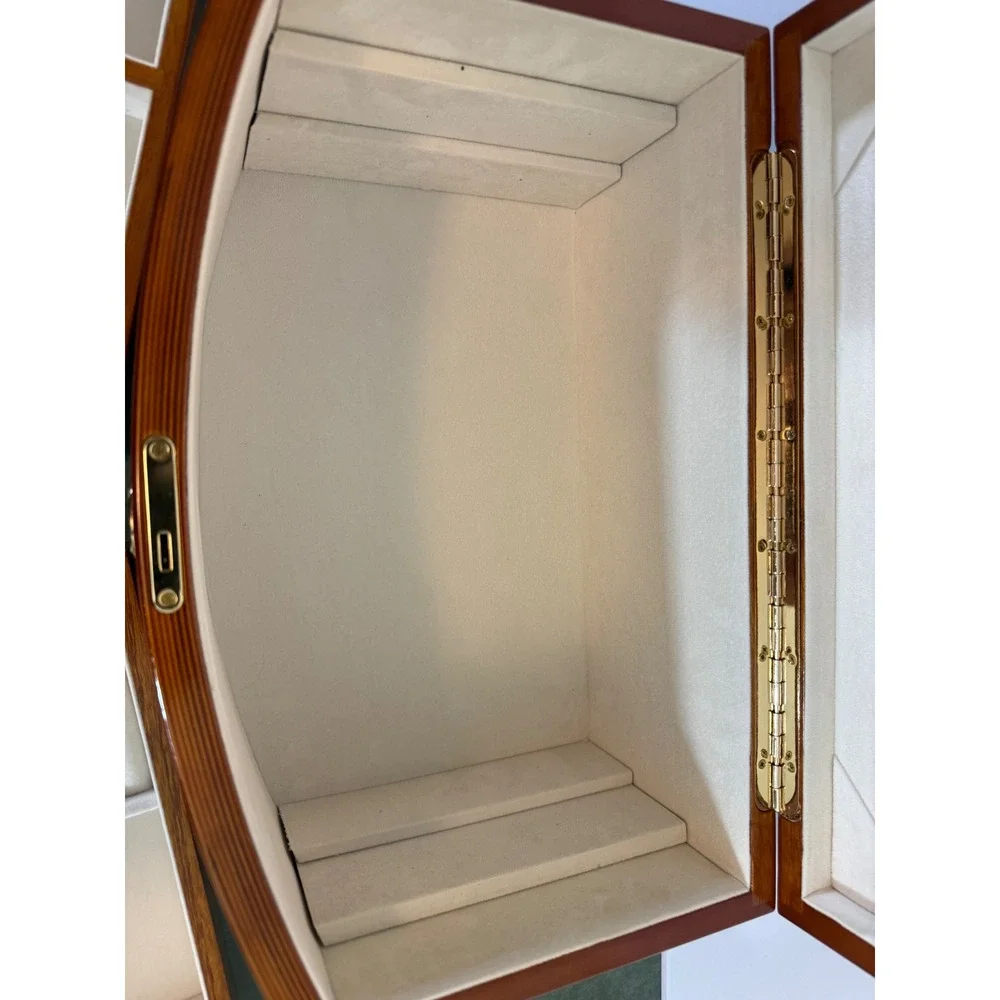 Large Wooden Jewelry Box Chest Locking Bow Front 2 Removable Trays Mirror Key